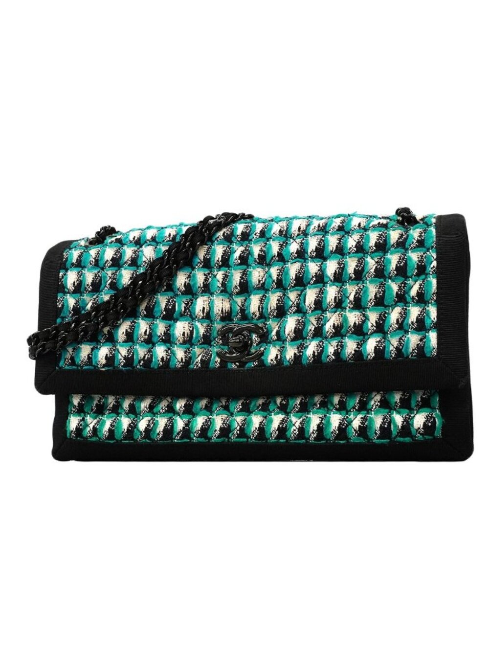 Chanel Shoulder Bag Nylon Tweed Black Peacock Blue